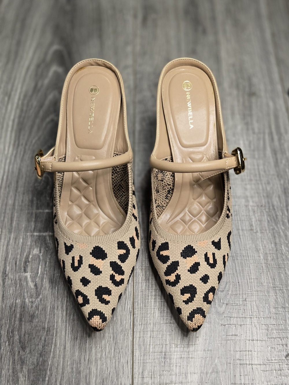 NEWBELLA Leopard Knit Pointed Toe Mary Jane Mule Heels Women Size 8.5 Excellent